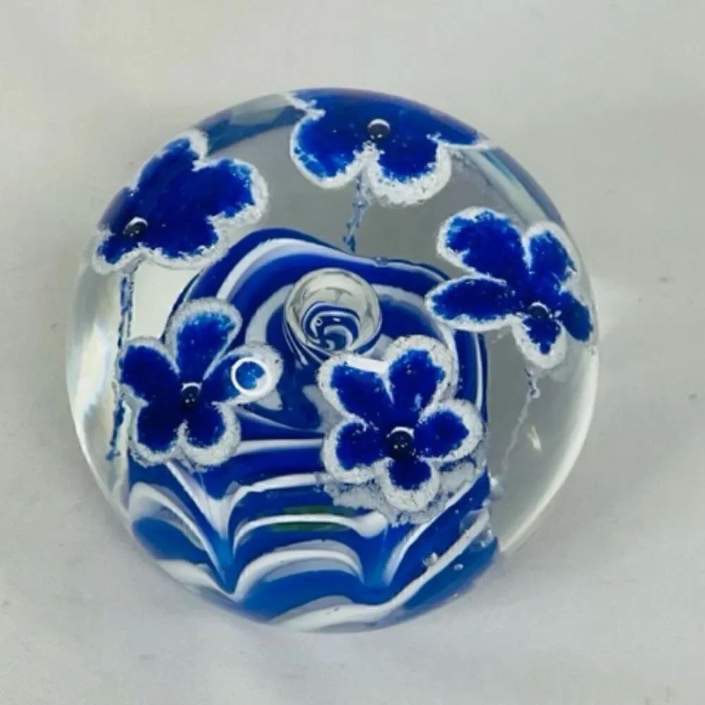 Trumpet Flowers Blue & White Paperweight Swirl 3.5" Good condition - Does have d